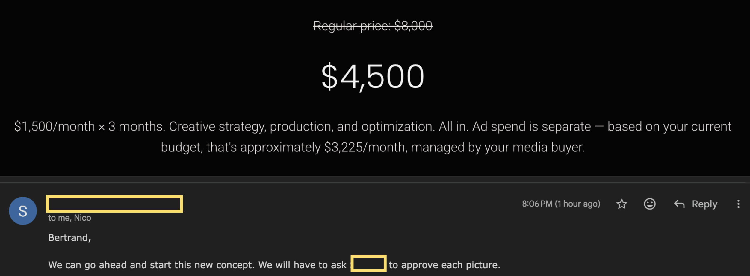 $1,500/month retainer agreement with a sportswear client