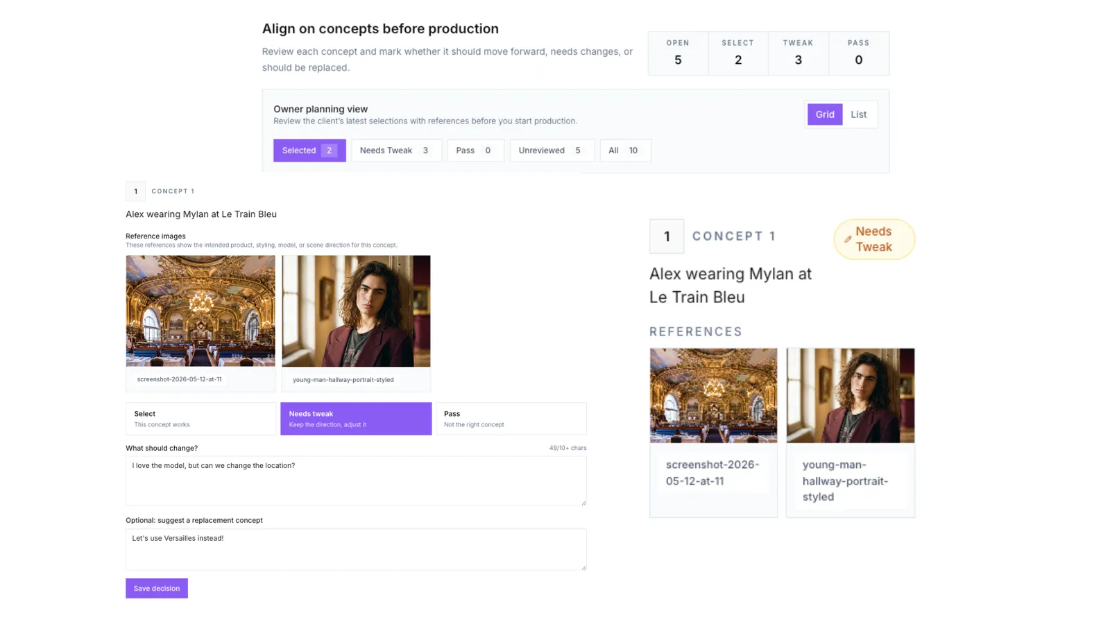 Dezygn concept alignment screen showing concept decisions, reference images, and client selection states