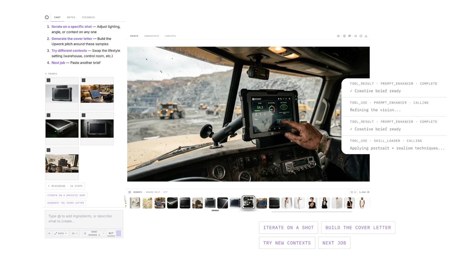 Dezygn Awa workspace showing AI creative assistant guidance, generated frames, and prompt enhancement progress