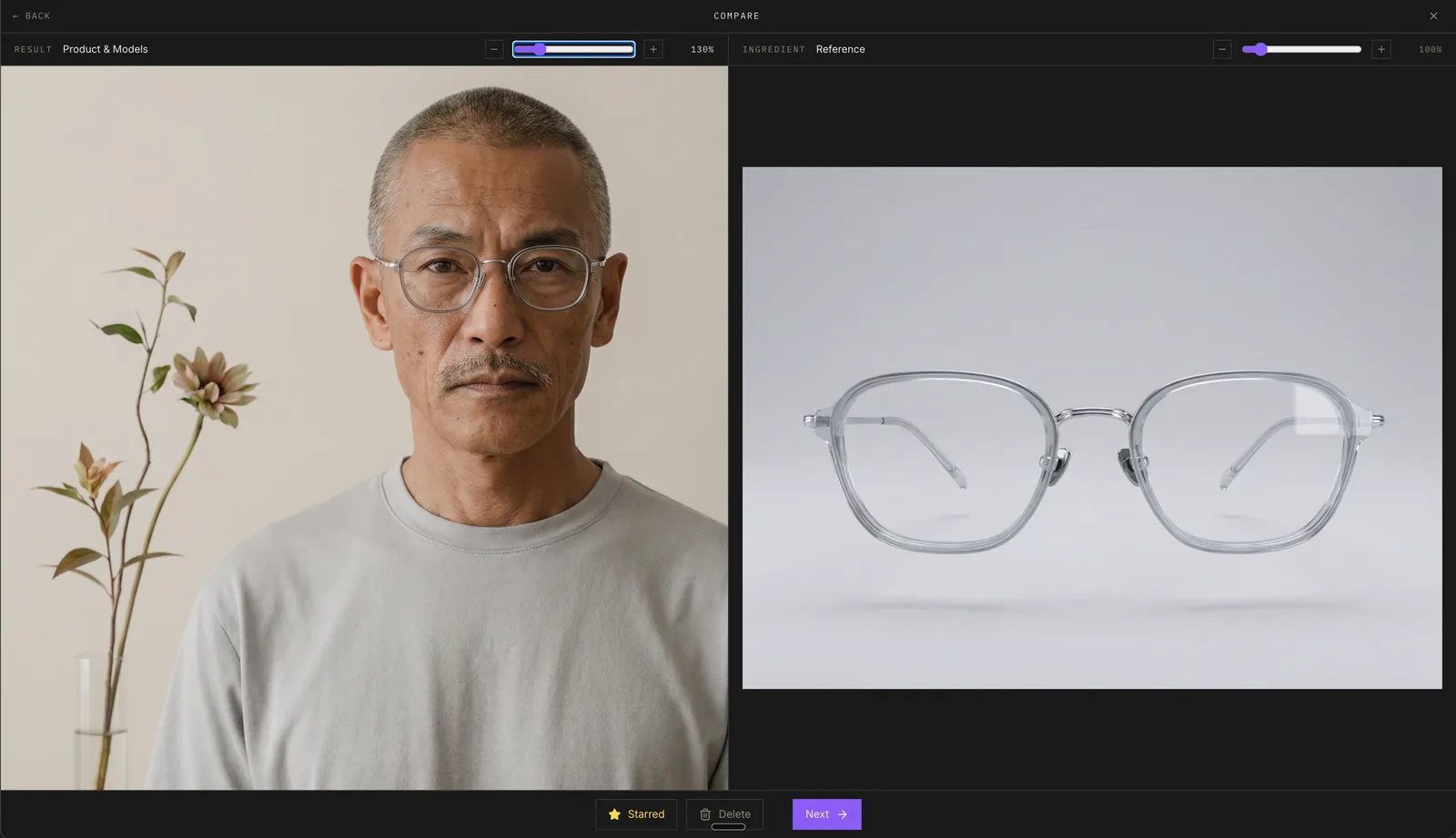 Dezygn comparison mode showing a generated model result side by side with a product reference image