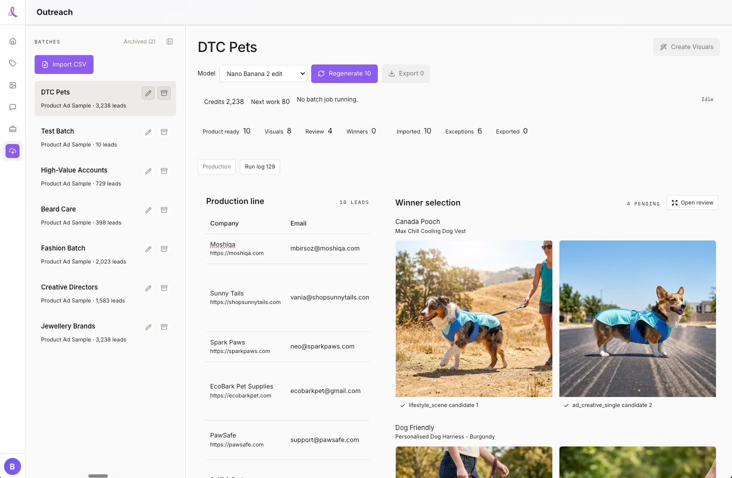 Dezygn outreach dashboard showing imported lead batches, production line, and AI-generated winner visuals