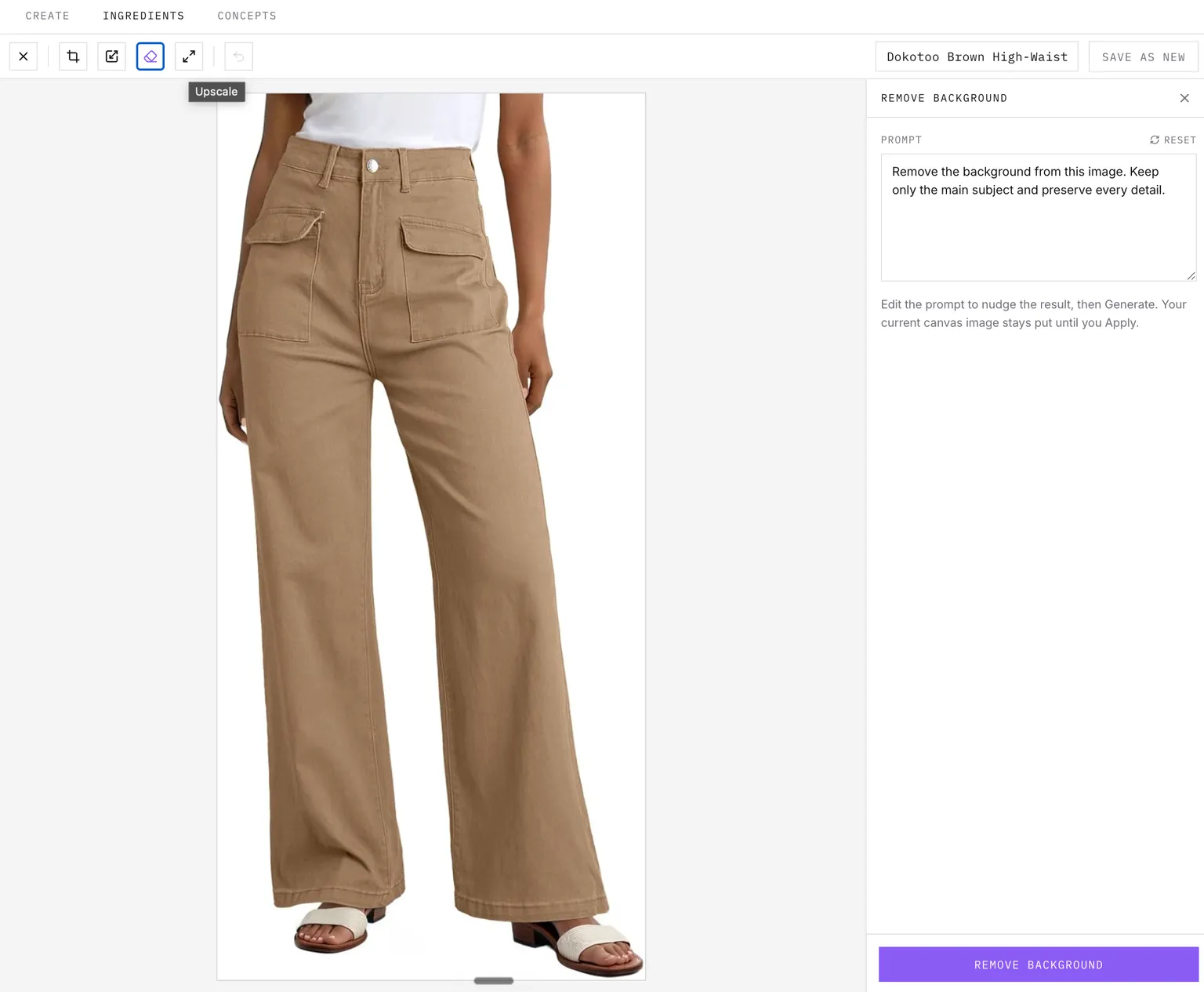 Dezygn product prep screen showing remove background controls for a fashion product image