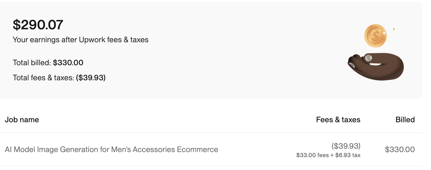 Upwork earnings: apparel client — $290