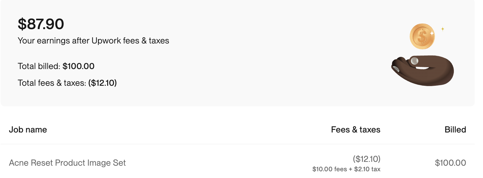 Upwork earnings: cosmetic client — $100
