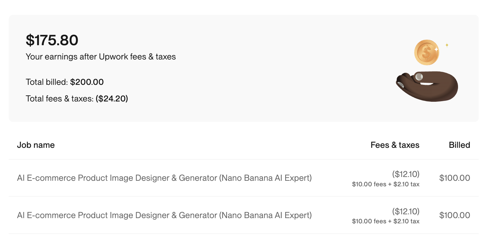 Upwork earnings: toy client — $200