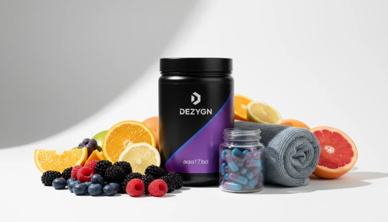 AI supplement photography showing a bottle with crisp legible label in a wellness scene
