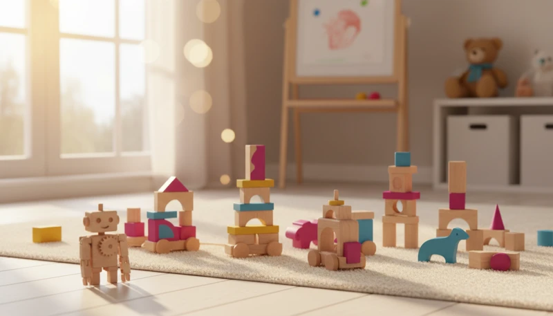AI toy photography showing a plush toy at accurate scale in a bright playful scene