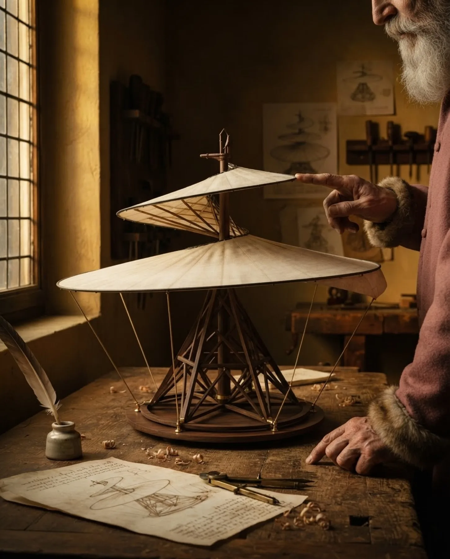 Leonardo's hand reaching to the finished aerial screw in his workshop