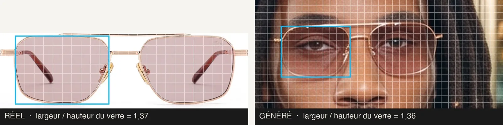 Real vs generated metal aviator frame, lens width and height measured on a grid